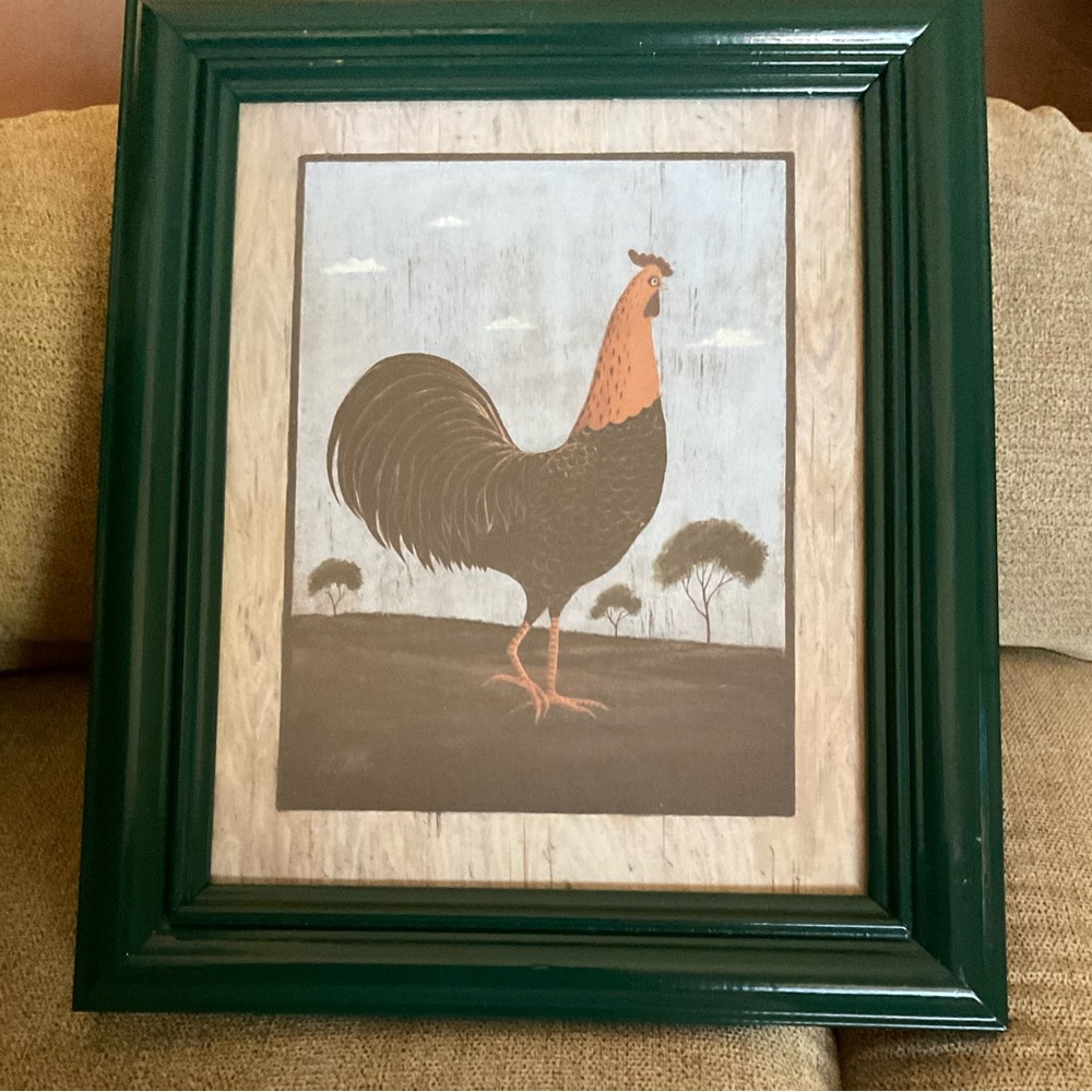 Vintage Framed Rooster Signed Art Picture, Farmhouse, Hunter Green